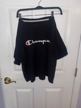 Champion Black Tee with White Script and Red Accent